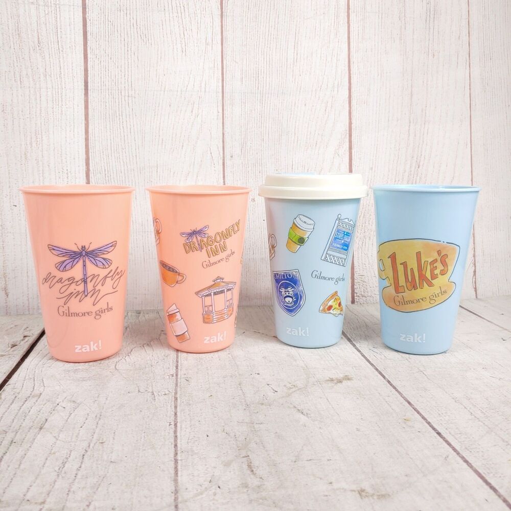 Zak - Gilmore Girls 4 Pack Cups W/ 1 Lid - Pink Blue 16.5oz Luke's Dragonfly Inn
